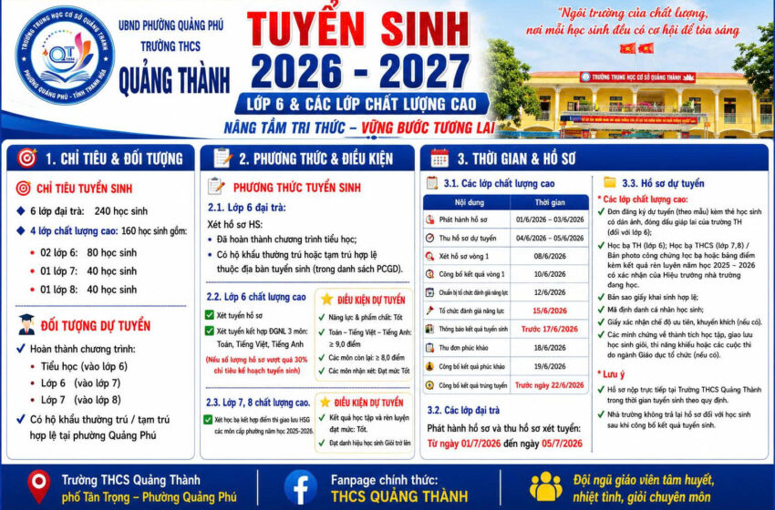 TRƯỜNG THCS QUẢNG THÀNH TB TUYỂN SINH LỚP 6 VÀ CÁC LỚP CHẤT LƯỢNG CAO NĂM HỌC 2026 – 2027